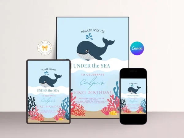 Editable Under the Sea Birthday Invitation - Sea Creature Party Invite - Whale‑Shark Fish Digital Download Printable Template
