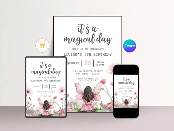 Editable Fairy First Birthday Invitation | Pink Floral Fairy Party Invite for Girls | Whimsical 1st Birthday Template | Instant Download