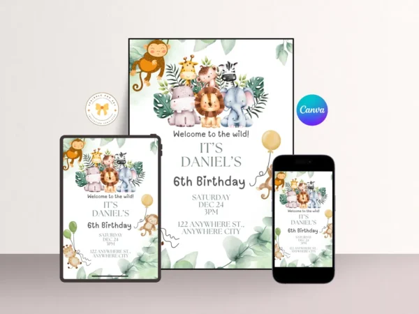 Safari 1st Birthday Invitation – Editable Wild One Boy Invite – Jungle Animals Photo Card – Digital Download Template